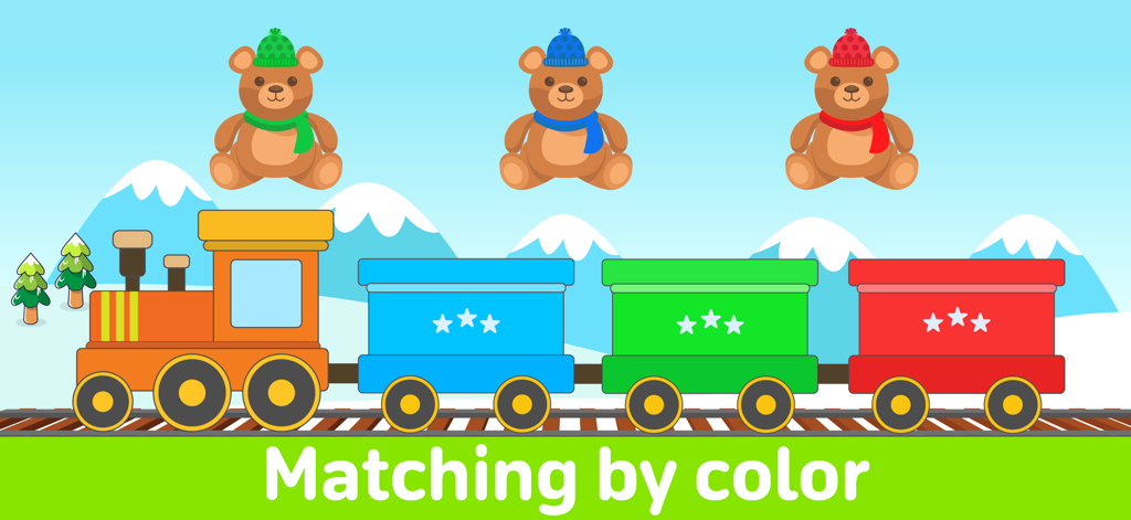 Kids games for toddlers 3 5 - A toddler educational game screen showing a color matching activity with a colorful train and teddy bears.