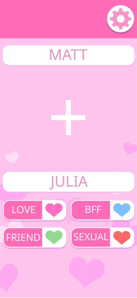 Interface of the Love Test app showing name entry for compatibility calculation