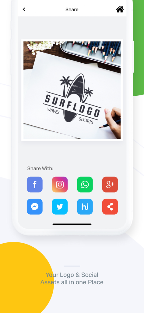 Logo Maker - Logo Templates - カスタムサーフロゴをソーシャルメディアプラットフォームで共有するオプションを表示するロゴメーカーアプリのインターフェース。