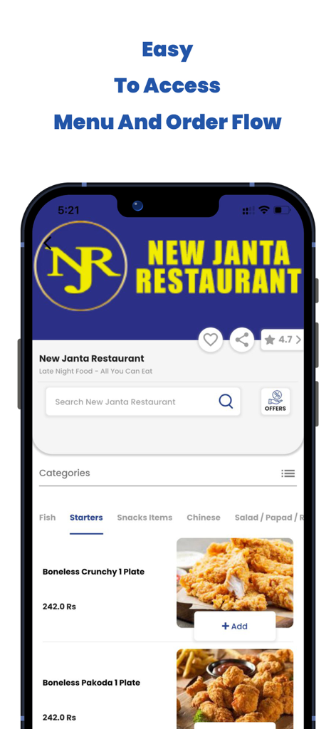 Restaurant menu screen on the SendMe delivery app showing food categories and items like starters and fried chicken.