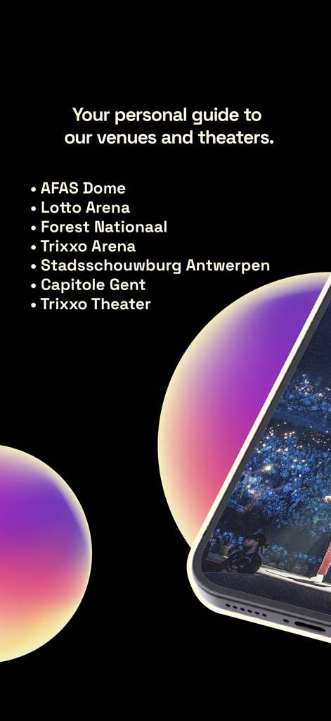 be·at Venues - La interfaz de la aplicación be·at Venues que muestra una lista de recintos y teatros, incluyendo AFAS Dome y Forest National