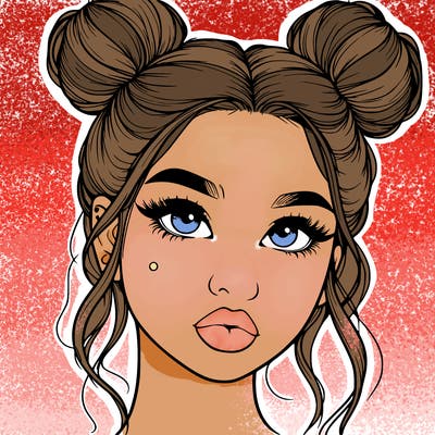realistic girl with two buns on her hair and lips
