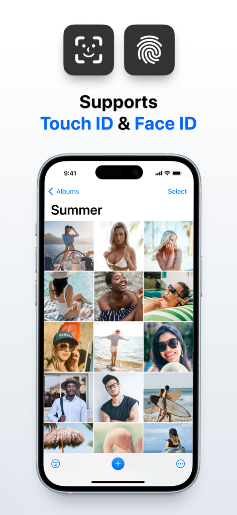 Secret Photo Vault app screen showing an encrypted summer photo gallery and support for Touch ID and Face ID login