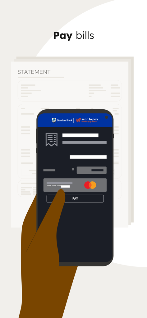 Standard Bank Scan to Pay - Standard Bank Scan to Pay app interface for paying bills using a mobile phone and Mastercard