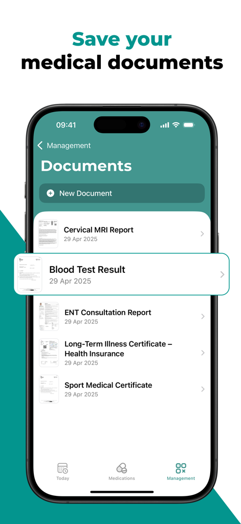 Écran de l'application AppyCare affichant une liste de documents médicaux stockés, y compris les résultats d'analyses de sang et les rapports d'IRM