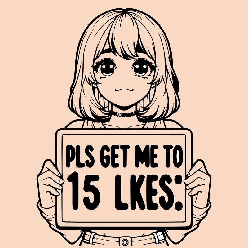 realistic girl holding up a sign that says “pls get me to 15 likes!”