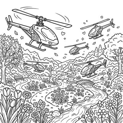 Take to the skies this spring with an exciting coloring page featuring miniature remote-controlled helicopters. Explore a vibrant park landscape filled with blossoming flowers and intricate details, ready for your creative touch.