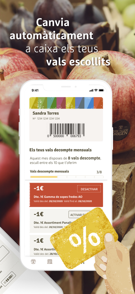 Ametller Origen mobile app interface showing digital loyalty card and personalized food discounts