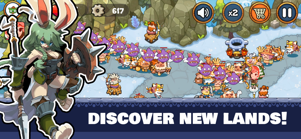 Gameplay screenshot of Tower Defense Kingdom Reborn featuring a snowy mountain map and heroes defending against monsters