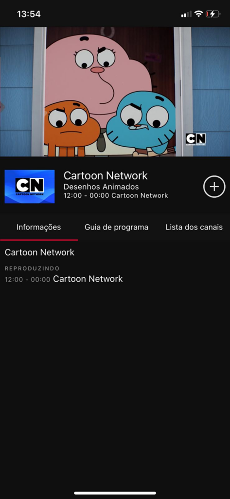 ITTV Plus - Interface do aplicativo móvel ITTV Plus mostrando a tela de informações do canal Cartoon Network em português.