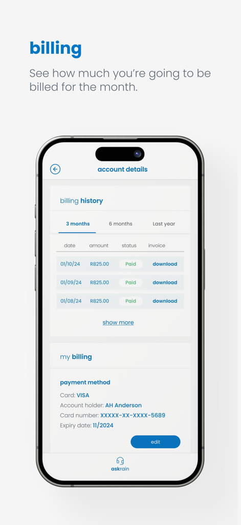rainGo mobile app interface showing billing history and payment method details
