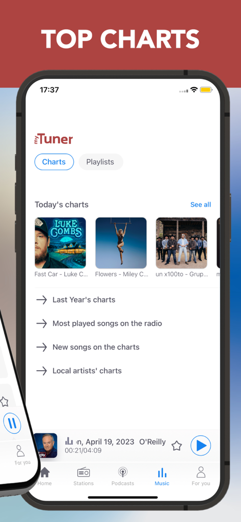 mytuner radio app interface showing top music charts and trending songs