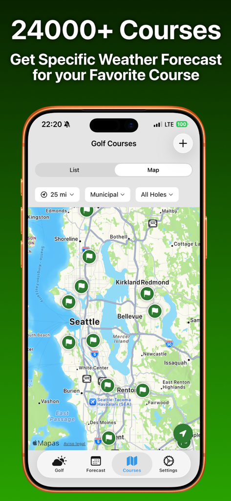 Golf Weather – Weather4Golf - Map view in the Weather4Golf app showing golf course locations in the Seattle area
