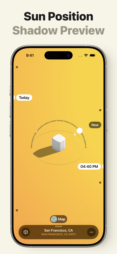 Sunlitt app interface showing sun position and shadow preview on an iPhone for San Francisco.
