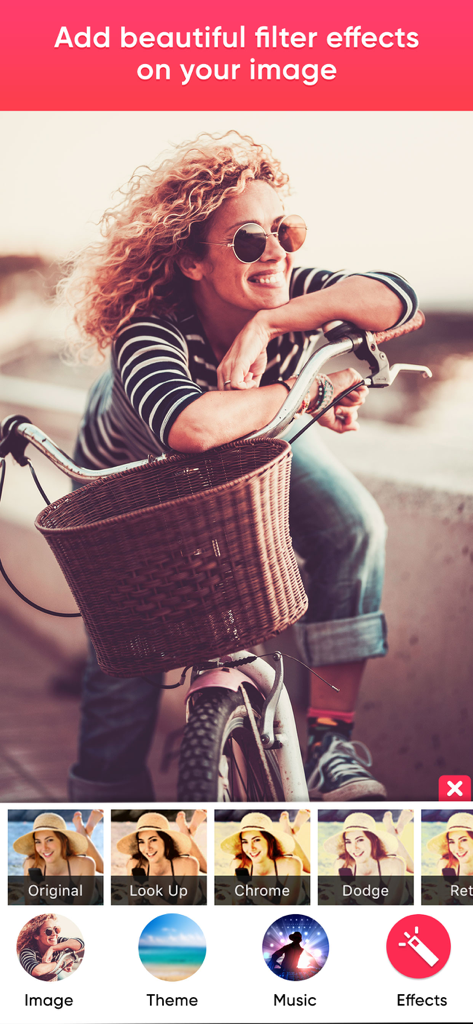 MakeMyMovie-Movie maker - Interface showing various filter options for photos in the MakeMyMovie app