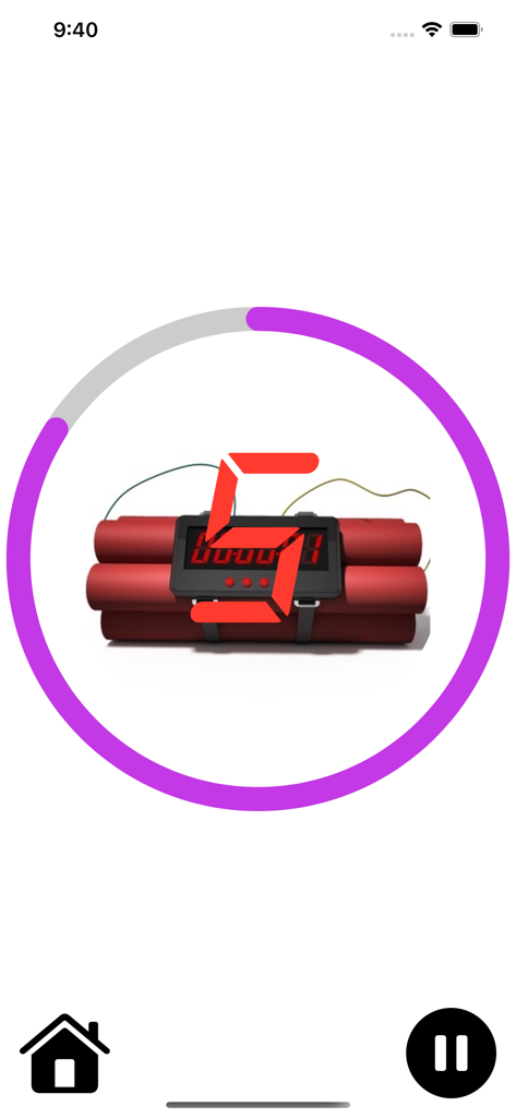 폭탄 타이머 앱 인터페이스, 5초 디지털 카운트다운과 함께 다이너마이트 번들이 특징