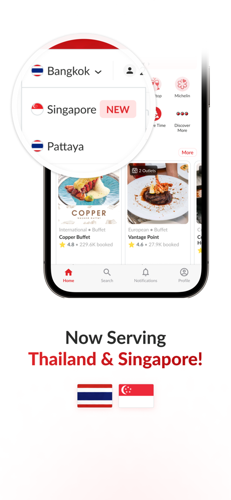 Hungry Hub app interface showing restaurant booking availability in Thailand and Singapore