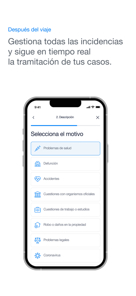 Intermundial - Smartphone screen showing the Intermundial app interface for managing travel insurance claims with options for health issues, accidents, and legal problems.