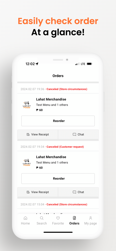 LAHAT - Smartphone screen showing the LAHAT app order history page with cancelled orders and reorder buttons