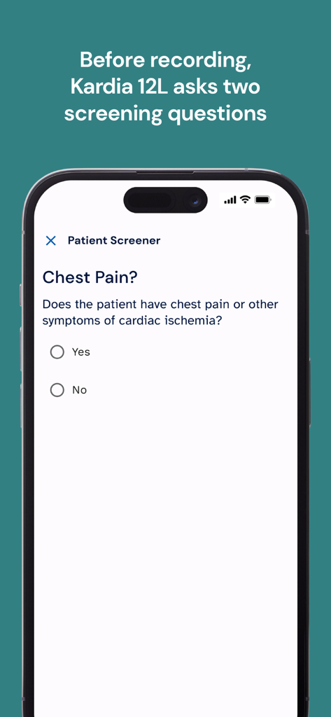 KardiaStation Professional - Pregunta de detección de pacientes para dolor en el pecho en la aplicación móvil KardiaStation Professional