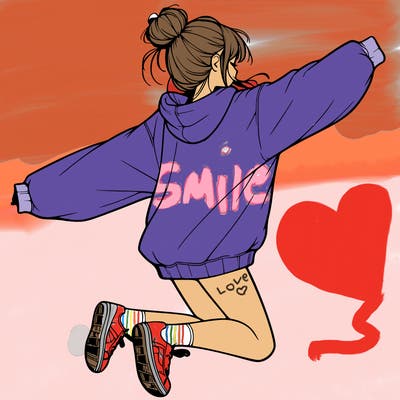 realistic girl jumping with a bun and oversized sweatshirt