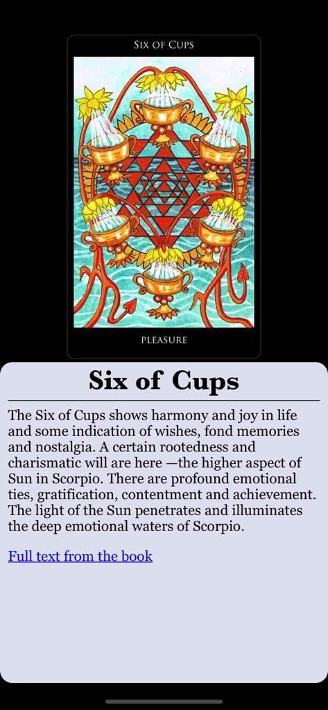 The Rosetta Tarot - La carta del tarot Seis de Copas y su descripción de significado en la aplicación El Tarot Rosetta.