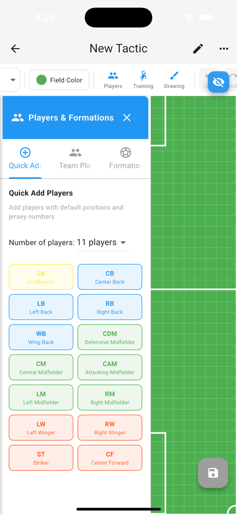 Soccer Tactics Board Pro - A menu for selecting player positions and formations in the Soccer Tactics Board Pro coaching app.