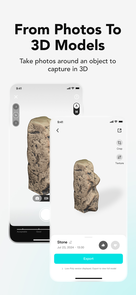 KIRI Engine:3D Scanner & LiDAR - KIRI Engine mobile Benutzeroberfläche, die den Prozess der Aufnahme von Fotos und deren Umwandlung in 3D-Modelle zeigt