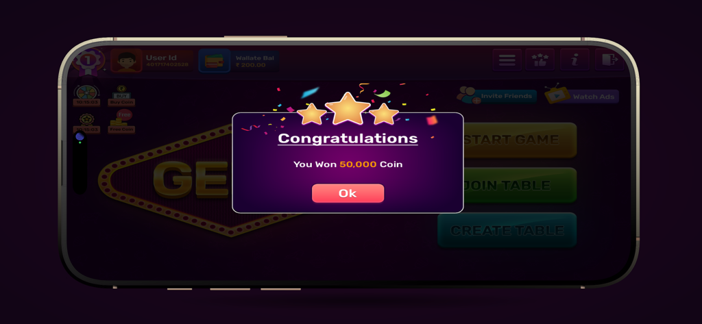 GEBO® Pappu Playing Pictures - Congratulations popup in the GEBO game app showing 50,000 virtual coins won