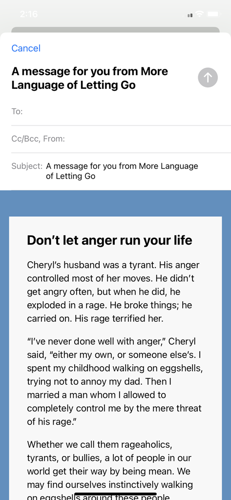 Email interface showing a shared daily reading from the More Language of Letting Go app