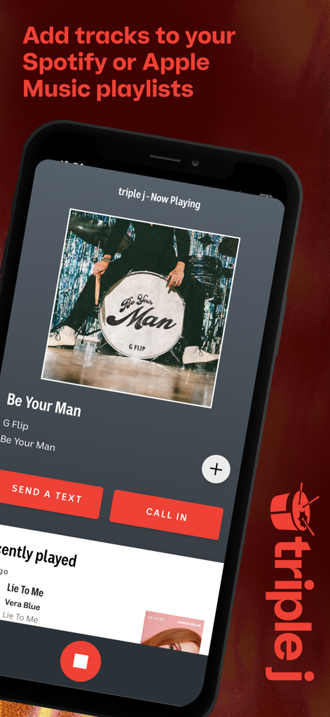 triple j - Die Benutzeroberfläche der Triple J-App zeigt den aktuellen Track mit Optionen zur Synchronisierung mit Spotify oder Apple Music an
