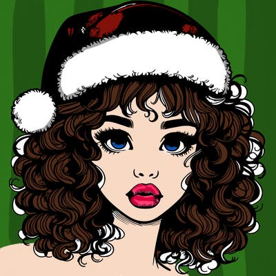 realistic girl with a santa hat curly hair and lips
