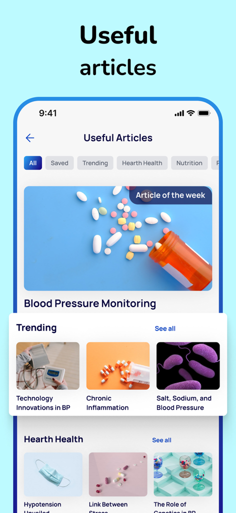 Blood Pressure Tracker + - Interfaz de la aplicación Heartly que muestra artículos útiles sobre salud y presión arterial.