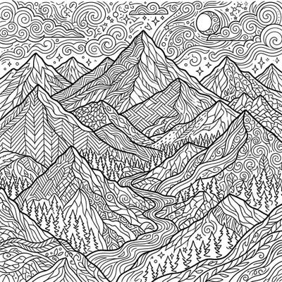 Discover a stunning mountain range coloring page filled with intricate patterns and natural beauty. This detailed design invites you to bring a majestic landscape to life with your favorite colors.