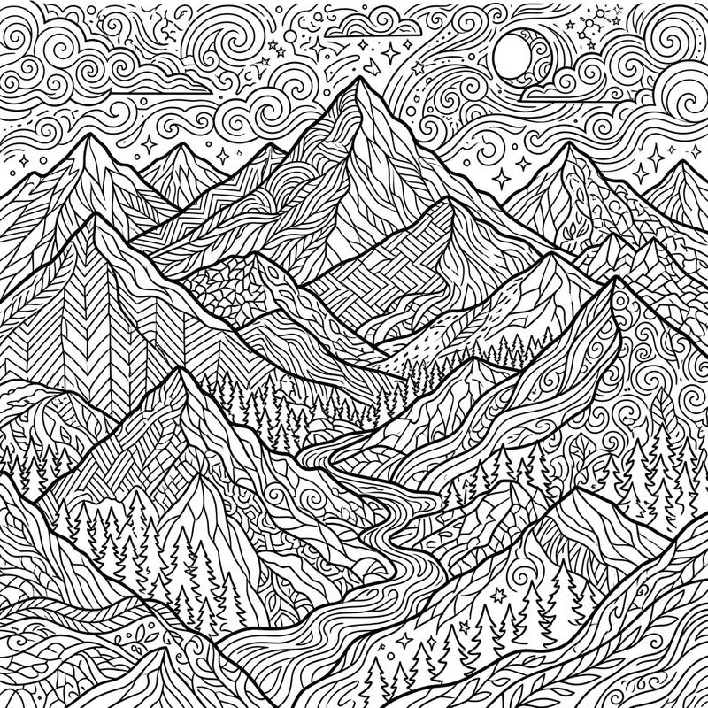 Discover a stunning mountain range coloring page filled with intricate patterns and natural beauty. This detailed design invites you to bring a majestic landscape to life with your favorite colors.