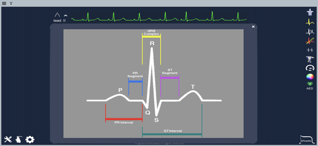 A labeled ECG waveform diagram showing P wave QRS complex and T wave within the Heart Simulator app interface