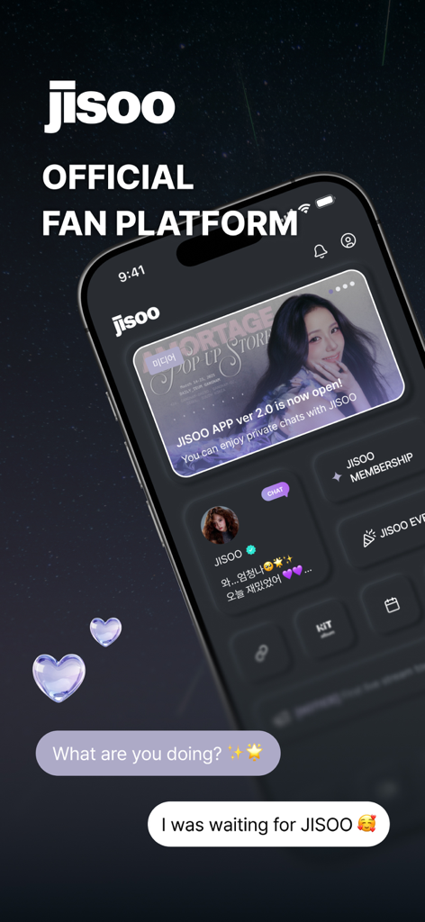 Official JISOO fan platform app interface on iPhone featuring messenger and membership options
