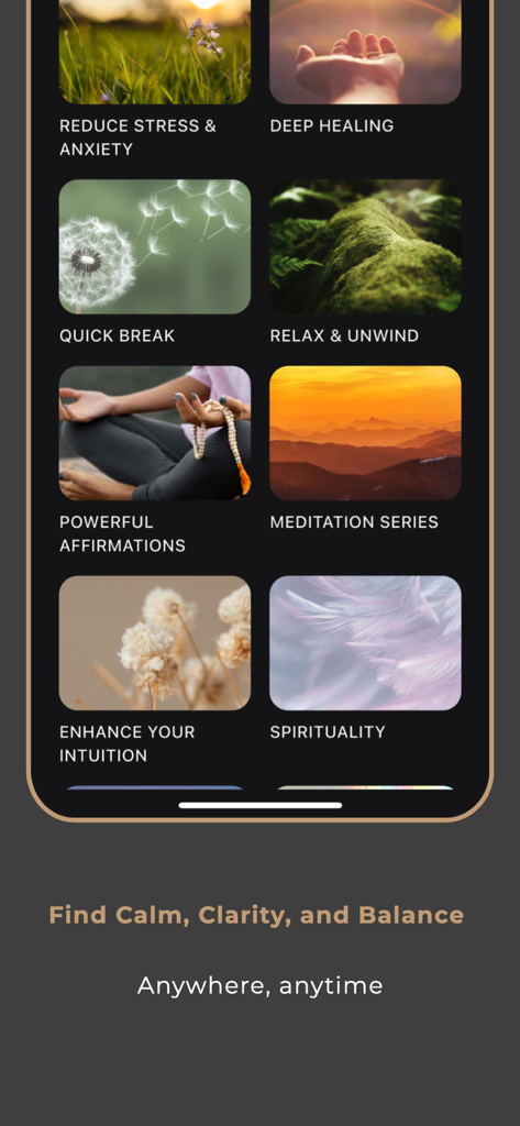 Pura Rasa - Interface of the Pura Rasa app showing various meditation categories like stress reduction, deep healing, and powerful affirmations.