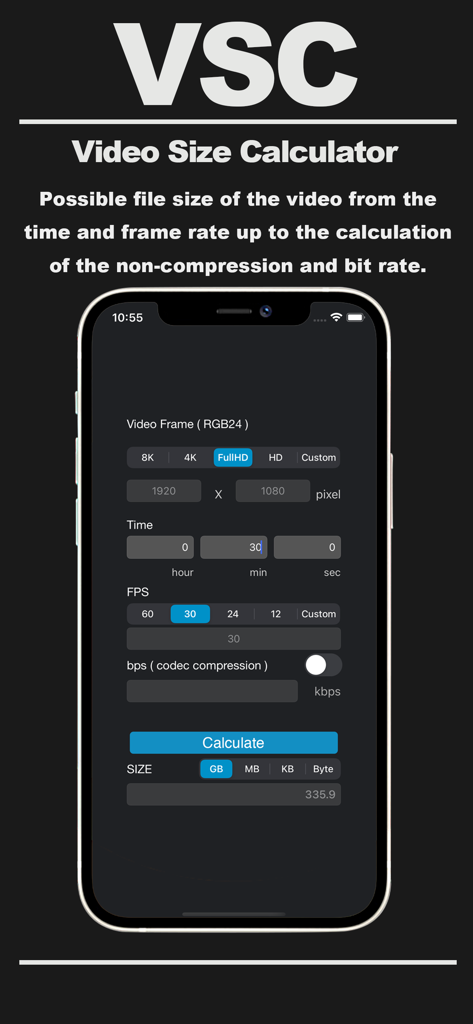 Oberfläche des Video Grössenrechners mit Feldern für Auflösungszeit und Bildrate zur Schätzung der Dateigrösse