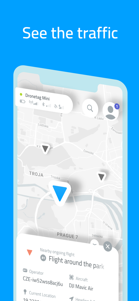 Dronetag - Map view in Dronetag app showing nearby drone traffic and aircraft details