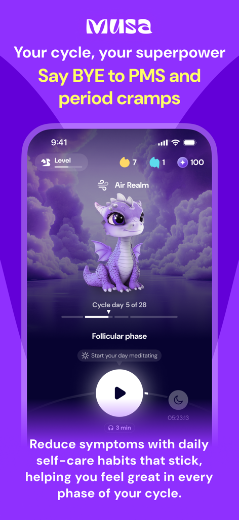 Musa: Period & Self-Care Pet - Interfaccia dell'app Musa che mostra un simpatico mascotte drago viola e il tracciamento del ciclo per la fase follicolare.