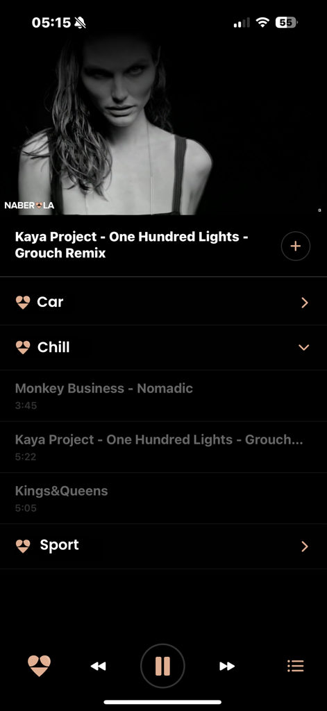 Naber LA - Naber LA app music player interface showing a black and white visual for a song with mood based playlists like Chill and Sport