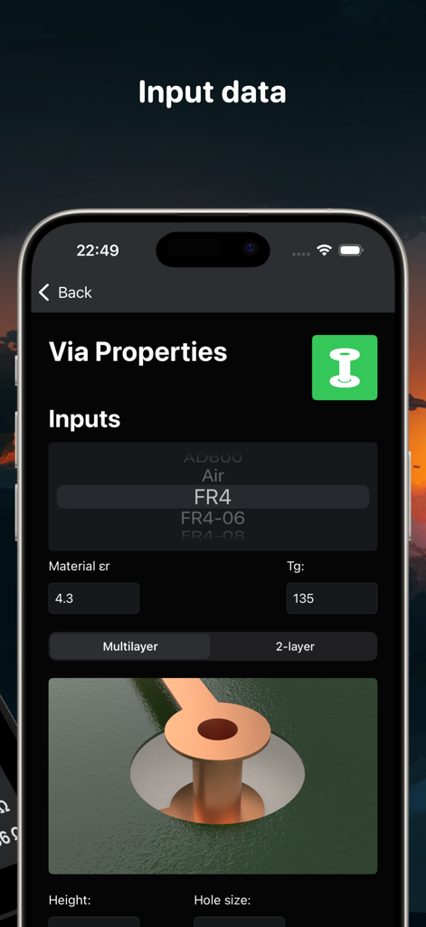 PCB Toolkit - PCB Toolkit app interface showing via properties calculation with FR4 material selection and a 3D PCB via diagram.