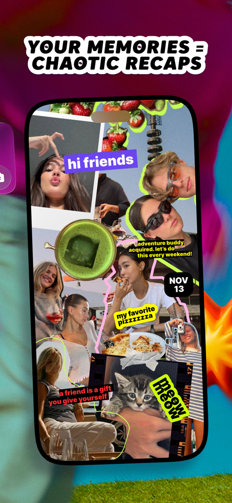 yope: friends-only pics - Una colorida pantalla de collage de fotos de la aplicación Yope con amigos, comida y mascotas con el título Resúmenes Caóticos.