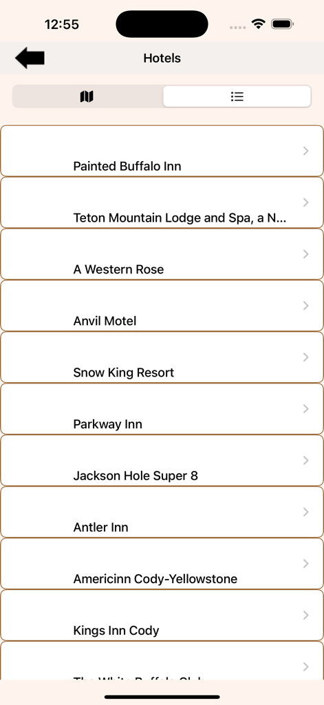 A list of hotels and lodging options in the Montana State Parks Guide app
