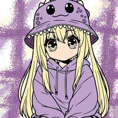 girl with anime shaped eyes with a dinosaur bucket hat oversized sweatshirt long straight hair