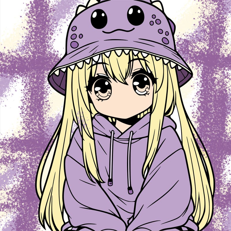 girl with anime shaped eyes with a dinosaur bucket hat oversized sweatshirt long straight hair