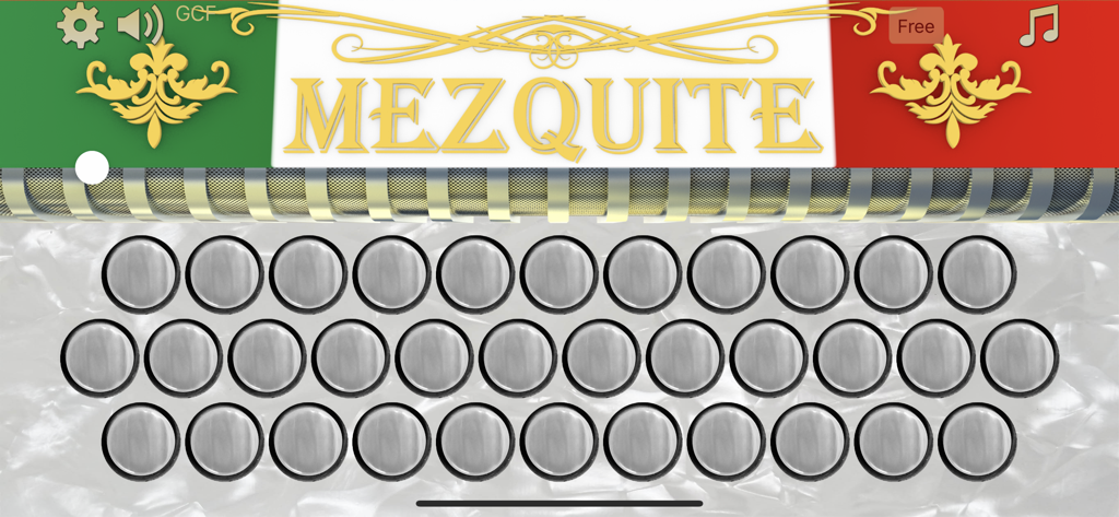 Interfaccia dell'app Mezquite Diatonic Accordion che mostra tre file di pulsanti e i colori della bandiera messicana