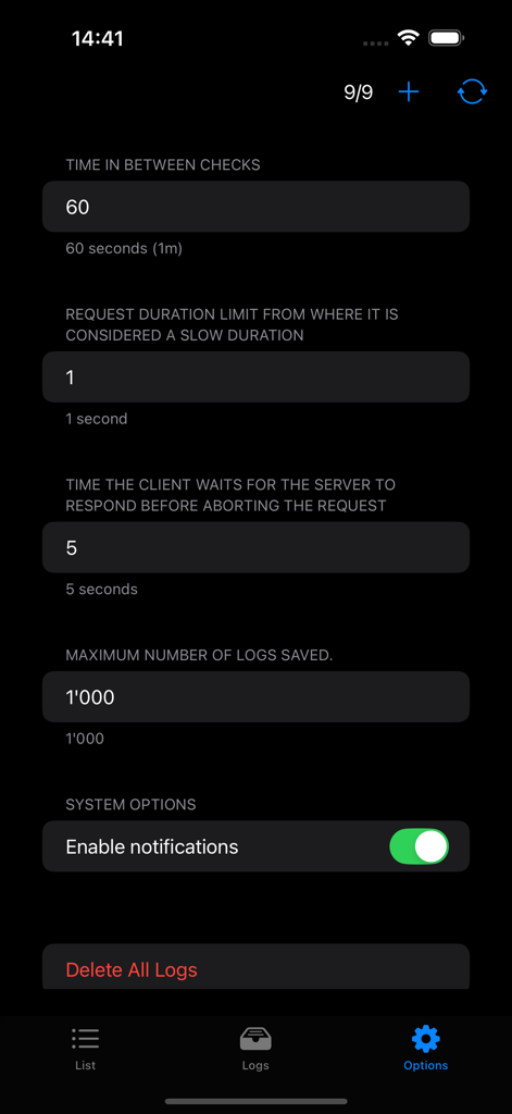 Uptime-monitorアプリの設定インターフェース。ウェブサイト監視と通知の設定オプションが表示されています。