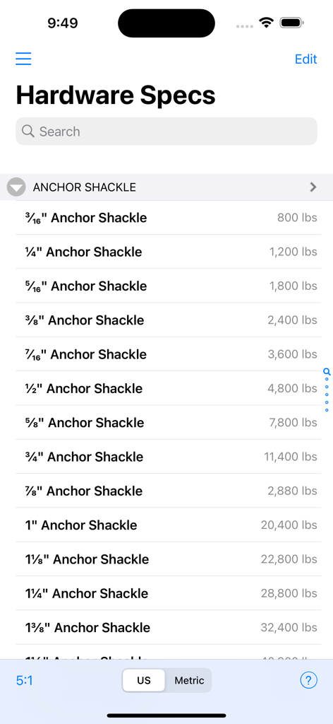 Rigger Ref - Hardware specifications screen in the Rigger Ref app showing anchor shackle sizes and load limits in pounds
